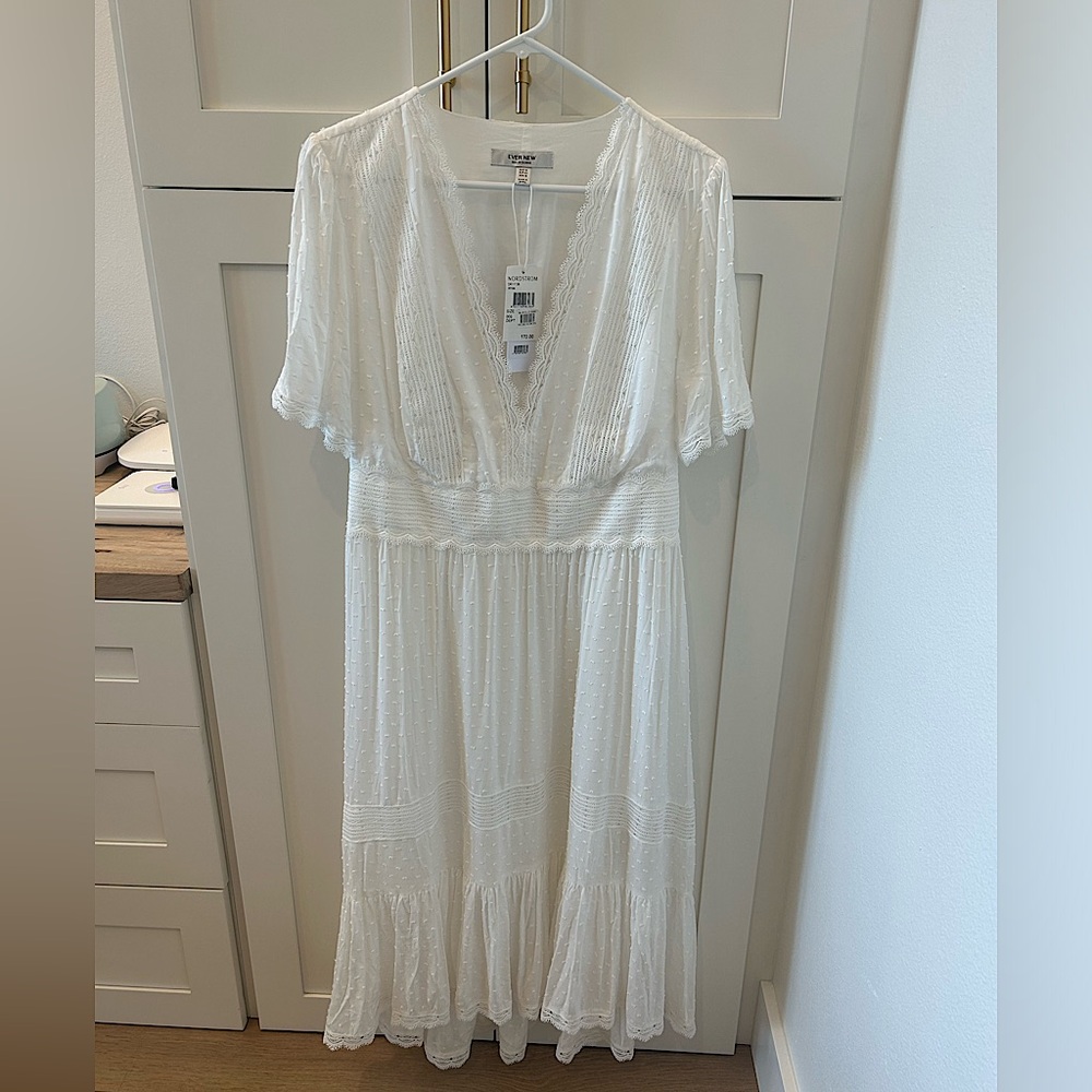 Evernew Dress- white, lace hem dress great for pictures!! NWT! Can be altered!!